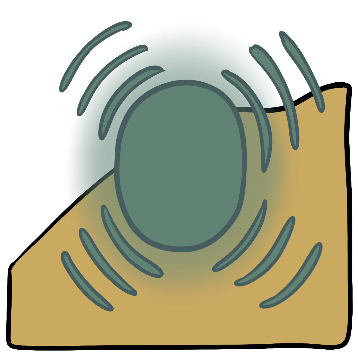 A seafoam green glowing oval with three curved lines pulsing out in four directions.  Curved yellow skin fills the bottom half of the background.